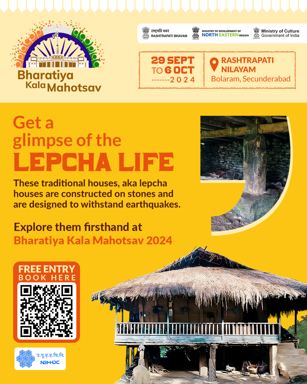 Get a glimpse of the Lepcha Life  These traditional houses, aka lepcha houses are constructed on stones and are designed to withstand earthquakes.  Explore them firsthand at Bharatiya Kala Mahotsav 2024